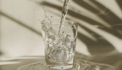 Fresh water is poured into a transparent glass. Splash in a glass, drop of water falling into a glass