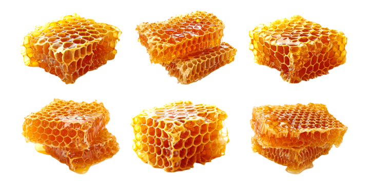 Honeycomb, a collection of six pieces showcasing the intricate hexagonal structure filled with golden honey.