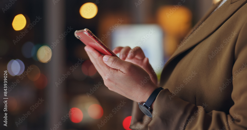 Aufkleber app, hands and phone with business person in office at night for networking or social media. agenda,