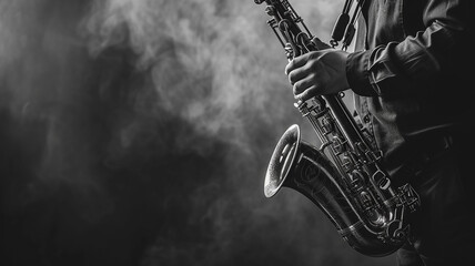 A man in a strict dark suit plays the saxophone. Black and white tinted photo.