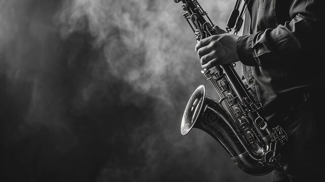 A man in a strict dark suit plays the saxophone. Black and white tinted photo.