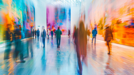 Vibrant abstract scene depicting motion blur of visitors in a modern art gallery