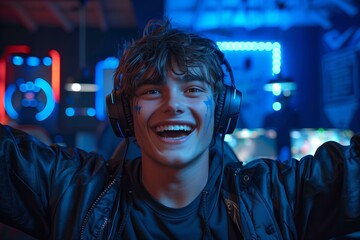 Young E-Sports Pro Celebrates Victory in Gaming Room Portrait with Headphones Playing Console Games