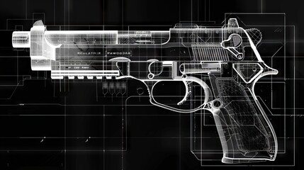 Wireframe Diagram of a Handgun With Grid Overlay