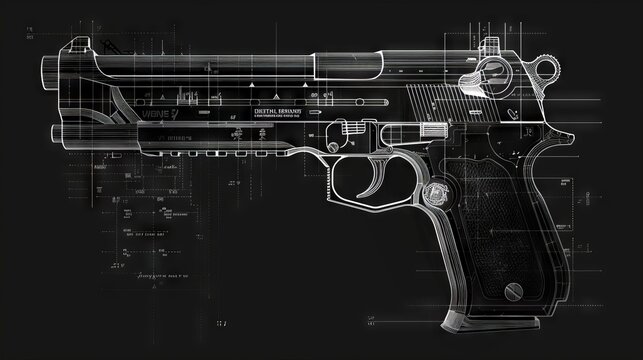 Detailed Schematic of a Modern Handgun in Black and White