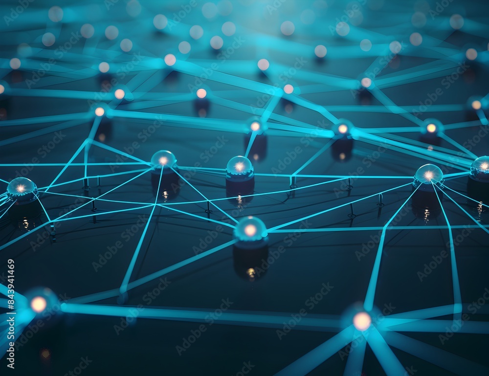 Poster abstract digital background with blue glowing network connections and polygonal lines on a dark teal