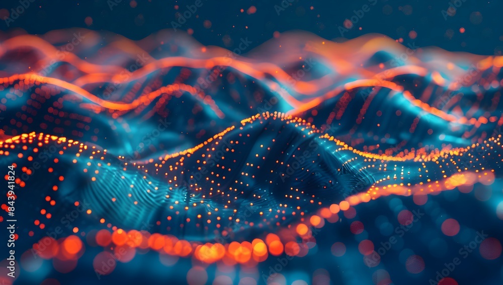 Poster digital data and artificial intelligence concept with glowing dots on a wavy blue background, ai tec