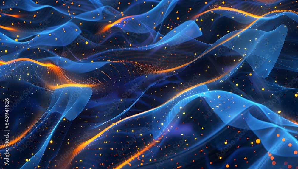 Aufkleber digital data and artificial intelligence concept with glowing dots on a wavy blue background, ai tec