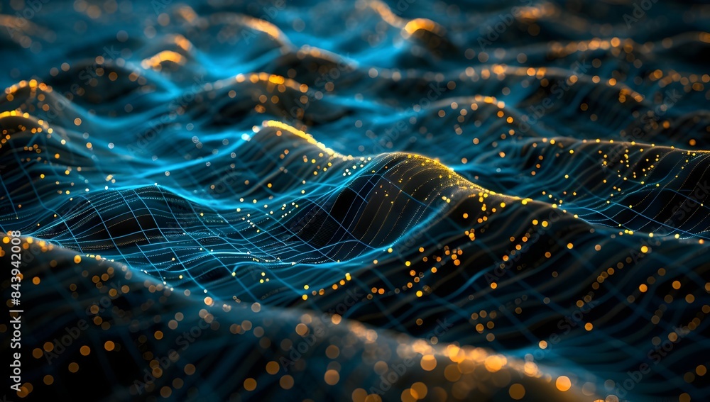 Poster digital data waves, glowing blue and yellow dots on a black background, create an abstract digital l