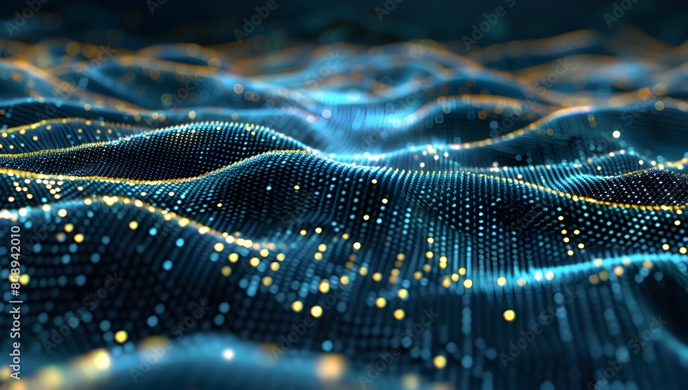 Poster digital data waves, glowing blue and yellow dots on a black background, create an abstract digital l