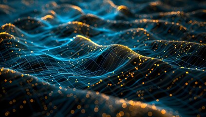 Digital data waves, glowing blue and yellow dots on a black background, create an abstract digital landscape with complex patterns of light and shadow
