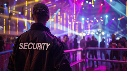 Security personnel oversees a lively event with colorful light beams in the background