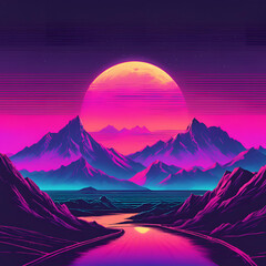 La lune s’élève au-dessus des montagnes aux couleurs de la Syntwave