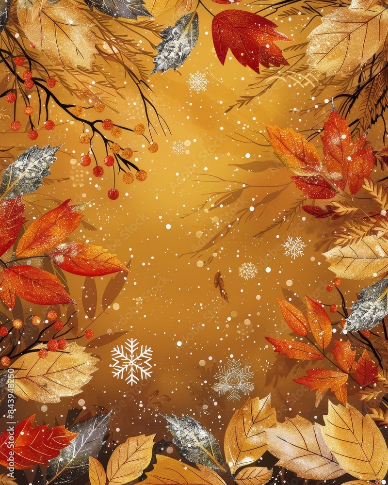 Poster autumn background with snowflake elements, creating a whimsical and enchanting scene reminiscent of 