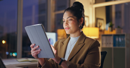 Night, employee or woman with tablet, typing or internet with research for proposal, consultant or...