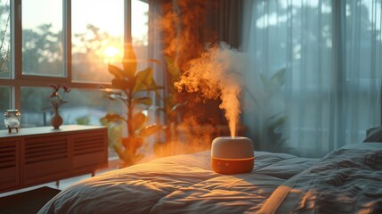 Tranquil bedroom scene with sunset light filtering through a window and a diffuser releasing vapor