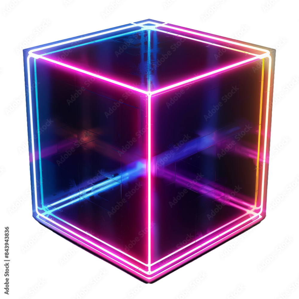Poster 3d render of a vibrant neon cube with a glowing outline on a checkered transparent backdrop