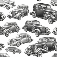 Seamless car pattern coloring page - illustrative style with various models, black and white design