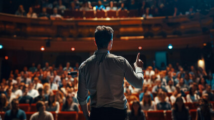 Male presenter engaging with a large audience from the back in an auditorium setting