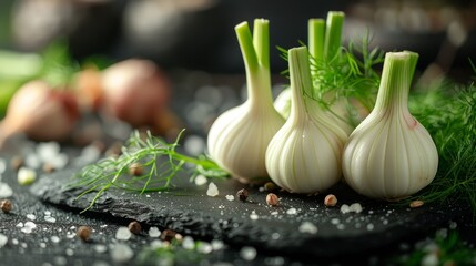 Fresh Garlic Cloves With Fennel and Spices on a Black Slate Board