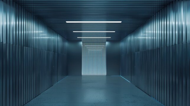 Long, narrow corridor with a series of parallel lines running along the walls and ceiling