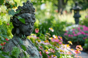 Obraz premium Garden Statue Among Blooming Flowers