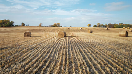 Fototapeta premium a field with hay bales that has a blue sky in the background.