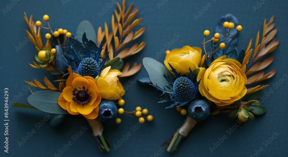 Poster Two boutonnieres of yellow and blue flowers on a dark background. AI.