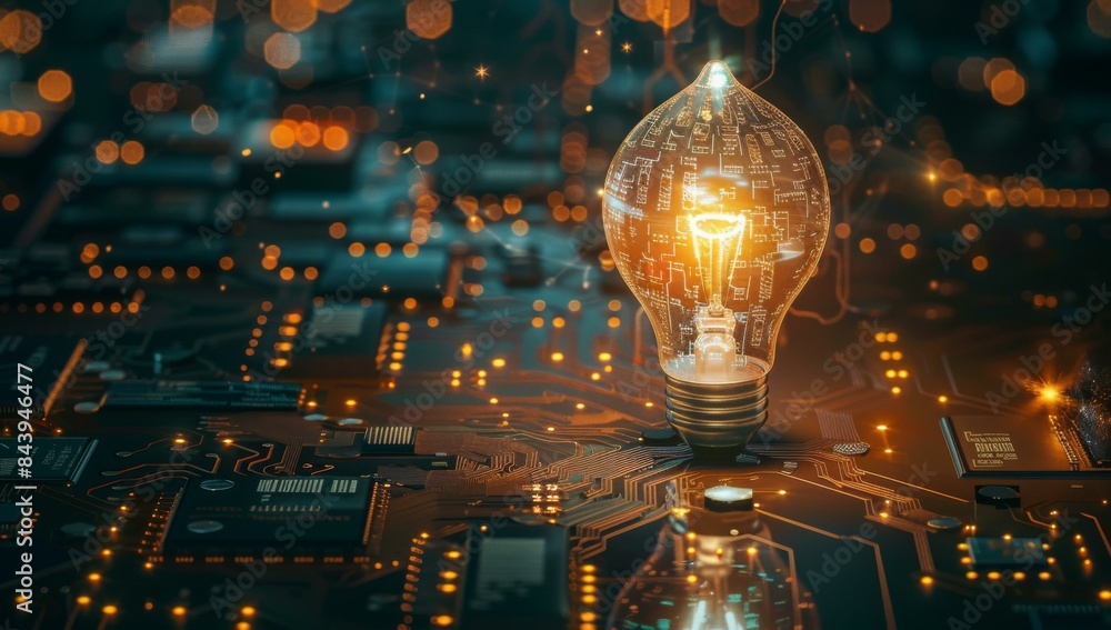 Canvas Prints a light bulb is lit up on top of a circuit board. ai.