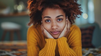 "Portrait of a young afro woman with curly hair resting her face on her hands, wearing a cozy yellow sweater, conveying a sense of calm and introspection in a warm, indoor setting. Generative AI