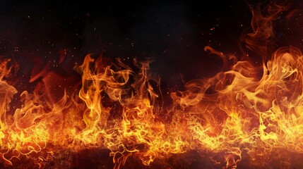 Texture of fire flames on black background. Burning red hot sparks