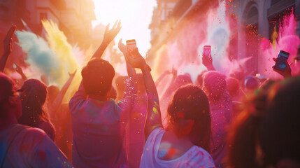 Back view of people with raised hands at vibrant holi festival, powdered colors flying in air