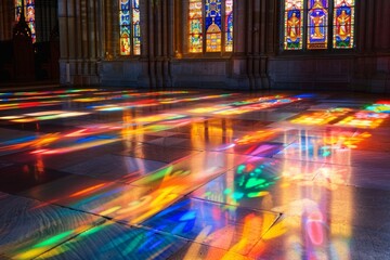 Colorful Stained Glass Reflections on Church Floor