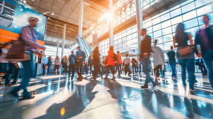 Colorful image of blurred people walking at a sunlit convention hall