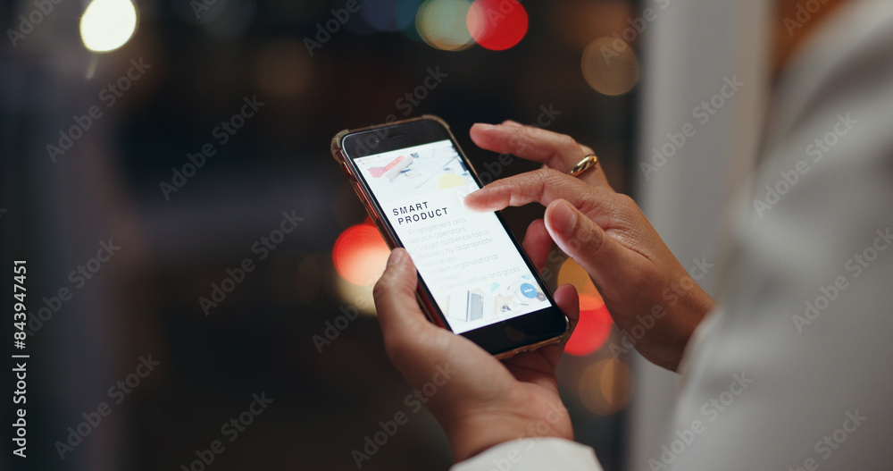 Aufkleber night, screen and hands with woman, cellphone and connection with website information. closeup, empl