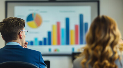 Colleagues reviewing vibrant bar graph data in a business meeting