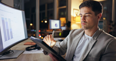 Businessman, working and night workplace with tablet, statistical analyst and analyzing project or...