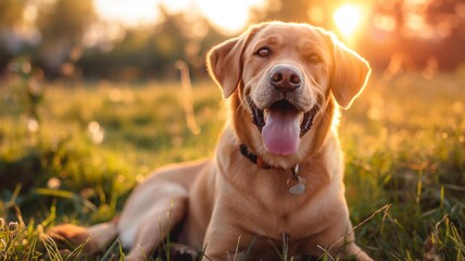 Happy Labrador Retriever lying in a sunny meadow, enjoying the warm, golden light of a beautiful outdoor day, showcasing the joy and playfulness of a beloved pet in nature. Generative AI