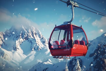 Red Gondola Ascending Snowy Mountain Range