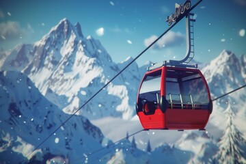 Red Gondola Ascending Over Snowy Mountain Peaks