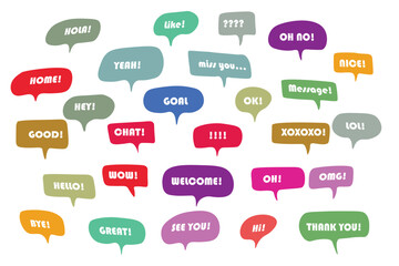 Set of color speech bubbles Short Phrases. Cartoon Vector illustration. Isolated on transparent white background. Hand draw style, dialog clouds