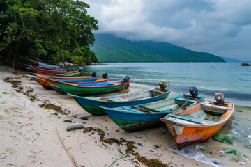 Fototapeta premium Colorful Fishing Boats on a Tropical Beach
