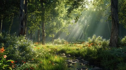  An enchanting morning in the forest with the first light of dawn casting a golden hue over the landscape.