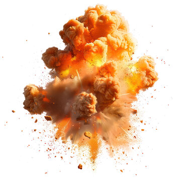 Dramatic explosion captured in mid-air with bright orange flames and debris against a white background, highlighting the powerful blast effect.
