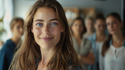 Obraz premium Portrait of a smiling young woman with her team slightly out of focus behind her
