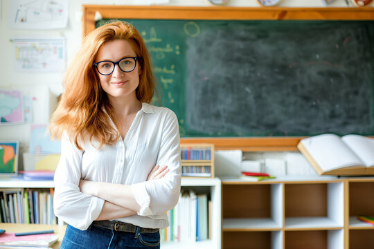 Elegant female teacher 30 years old wears white shirt, posing against chalk school board background, copy space of childhood and back to school concept