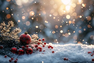 Fototapeta premium Christmas Ornaments and Pine Branches in Snowy Sunset