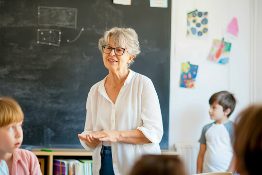 Portrait of 65 year old female teacher with glasses near blackboard during lesson in elementary school, talking to children in class, children's concept