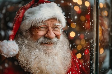 Smiling Santa Claus Looking Through Frosted Window