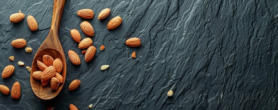 Whole seed of roast Almonds (Prunus dulcis)  in wooden Spoon on Black Slate Background. Have many nutrition and omega-3.Healthy food concept. Top view  and have copy space.